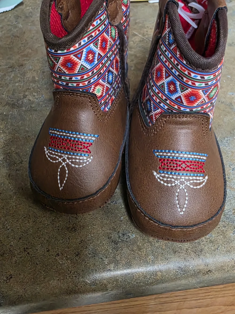 Twister Brown Kids Boots with Red, Blue & Green Aztec Pattern Sz 0